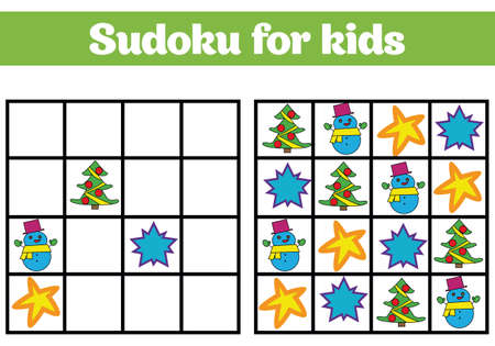 Sudoku game for children with pictures. Logic game for preschool children. rebus for children. Educational game vector illustration. Merry christmas, new yearのイラスト素材