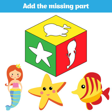 Puzzle game. Visual Educational Game for children. Task: find the missing parts. Worksheet for preschool kids. Vector illustration.  Theme mermaid sea, ocean, fish.のイラスト素材