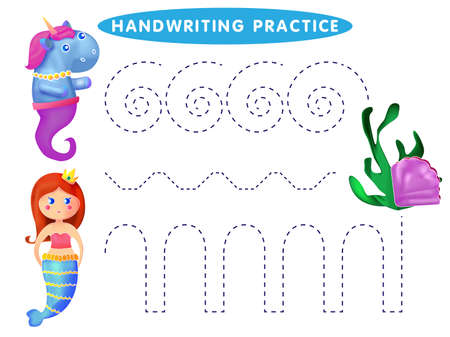 Handwriting practice sheet. Educational children game, restore the dashed line. The Theme Of Mermaids vector illustration.のイラスト素材