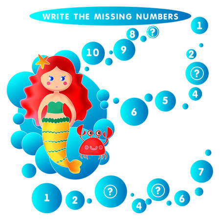 Write the missing number. Mermaid Undine vector illustration.のイラスト素材