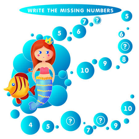 Write the missing number. Mermaid princess Undine vector illustration.のイラスト素材
