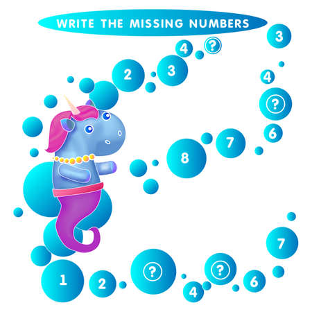 Write the missing number. Unicorn seahorse. The Theme Of Mermaids vector illustration.のイラスト素材