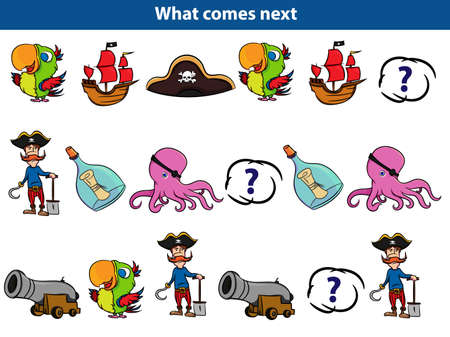 What comes next Educational game for children. Set of cartoon pirate characters. Vector illustration.のイラスト素材
