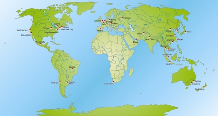 Map of world with main cities in greenのイラスト素材