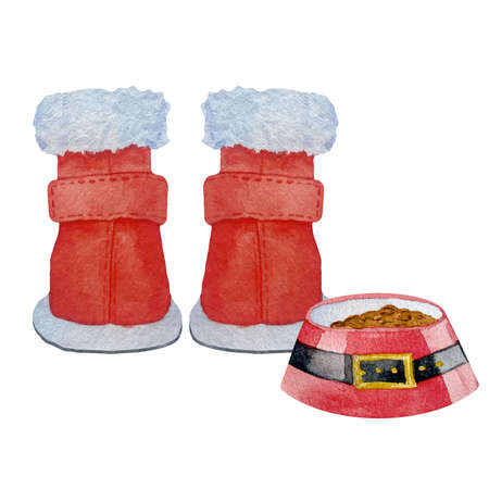watercolor christmas red dog boots with pets bowl. Xmas red pets shoes.の写真素材