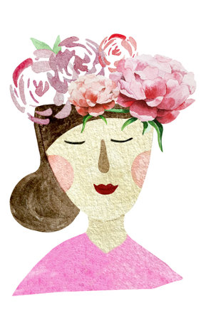 Beautiful woman with flowers on her head hand drawing portrait. Logo illustration.の写真素材