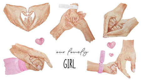 Watercolor hand drawn hand of dad,mom and baby holding a heart in their hands isolated on white background.Family illustration.の写真素材