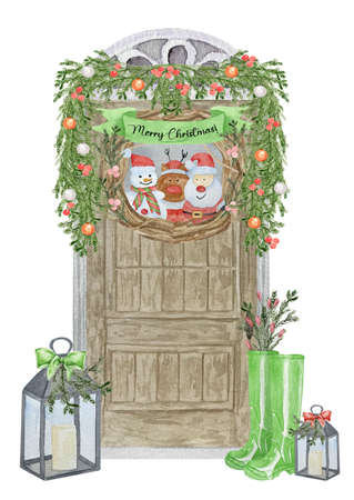 Christmas home decoration, Christmas wreath on the door in winter, art illustration painted with watercolors isolated on white backgroundの写真素材