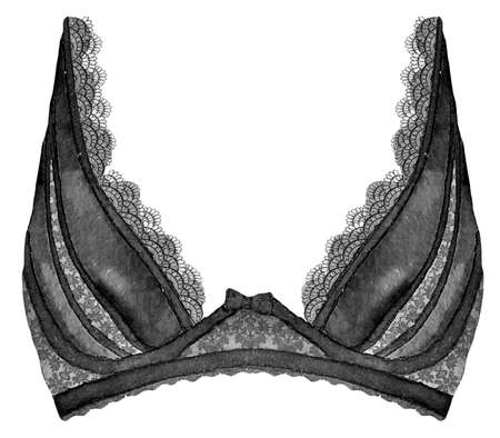 Handwork watercolor black lace bra on white background, isolated watercolor illustration.の写真素材