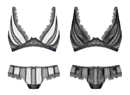 Watercolor romantic woman lingerie lace underwear illustration. High quality hand drawn watercolor fashion illustration. Bridal shower party lingerie set clipartの写真素材