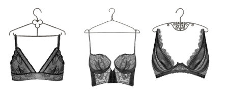 Handwork watercolor black lace bra on white background, isolated watercolor illustration.の写真素材