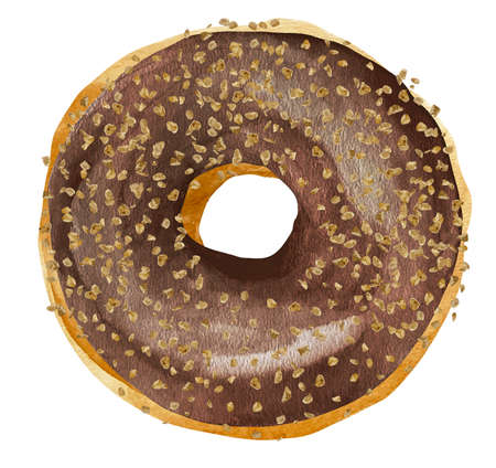 Sweet donut in brown chocolate glaze. Watercolor illustration isolated on white background in retro style.の写真素材