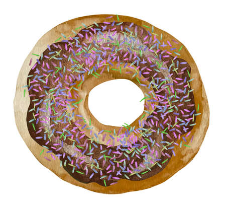 Sweet donut in brown chocolate glaze. Watercolor illustration isolated on white background in retro style.の写真素材