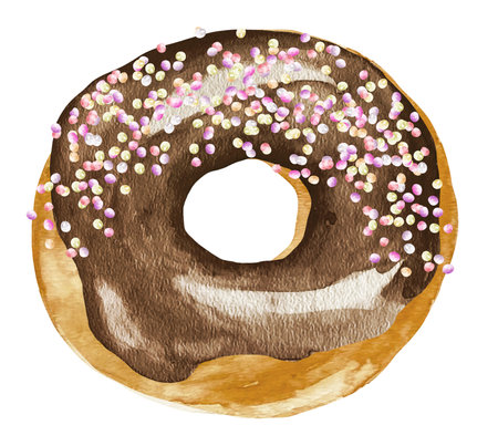 Sweet donut in brown chocolate glaze. Watercolor illustration isolated on white background in retro style.の写真素材