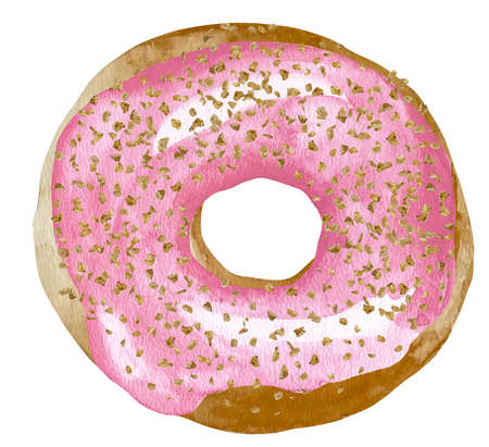 Sweet donut in pink glaze. Watercolor illustration isolated on white background in retro style.の写真素材