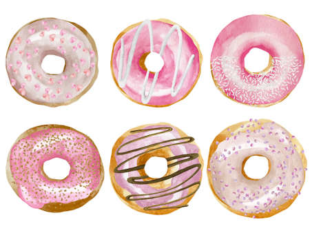 Sweet donut in pink glaze. Watercolor illustration isolated on white background in retro style.の写真素材