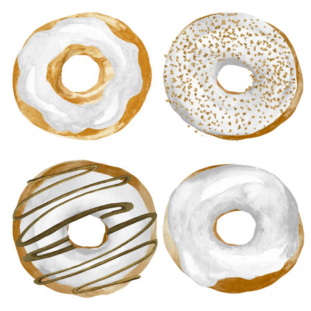 Sweet donut in white glaze. Watercolor illustration isolated on white background in retro style.の写真素材