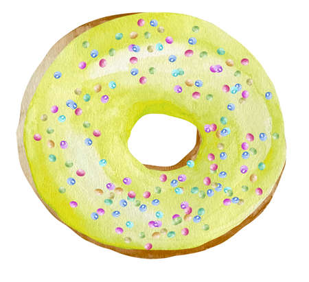 Sweet donut in yellow glaze. Watercolor illustration isolated on white background in retro style.の写真素材
