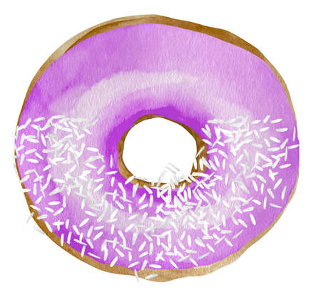 Sweet donut in purple glaze. Watercolor illustration isolated on white background in retro style.の写真素材