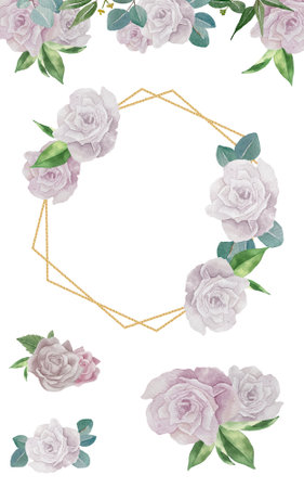 Flowers gold frame border. Watercolor hand painting floral geometric background with place for text with bouquets pink and burgundy roses. Isolated on white background.の写真素材