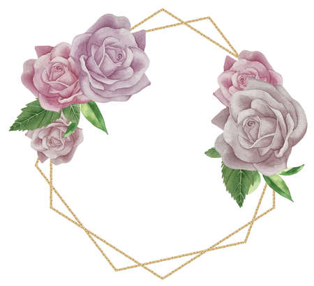 Flowers gold frame border. Watercolor hand painting floral geometric background with place for text with bouquets pink and burgundy roses. Isolated on white background.の写真素材