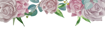 Flowers gold frame border. Watercolor hand painting floral geometric background with place for text with bouquets pink and burgundy roses. Isolated on white background.の写真素材