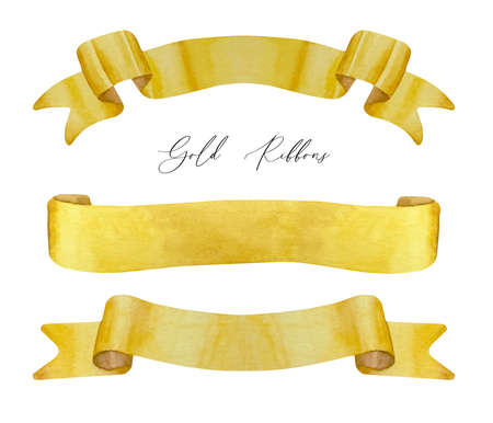 Set of watercolor gold ribbons. Old scroll paper, rolled banner. Gold abstract ribbons bannersの写真素材