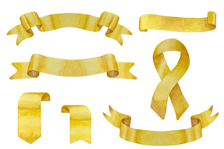 Set of watercolor gold ribbons. Old scroll paper, rolled banner. Gold abstract ribbons bannersの写真素材