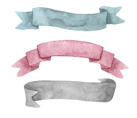 Old vintage scroll paper. Old paper rolled banner. Medieval abstract ribbons. Old style stroked vintage design. Watercolor Design -Ribbon bannersの写真素材