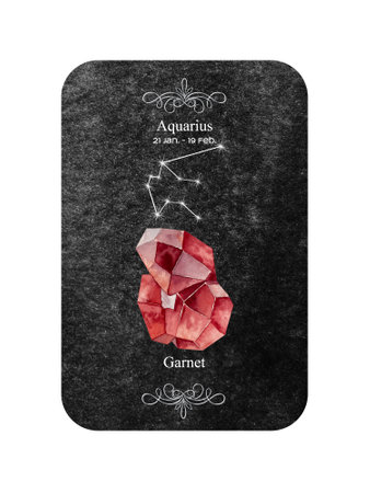 Watercolor zodiac sign Aquarius with stone Garnet on dark black background.の写真素材