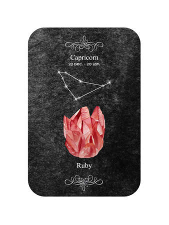 Watercolor zodiac sign Capricorn with stone Agate on dark black background.の写真素材