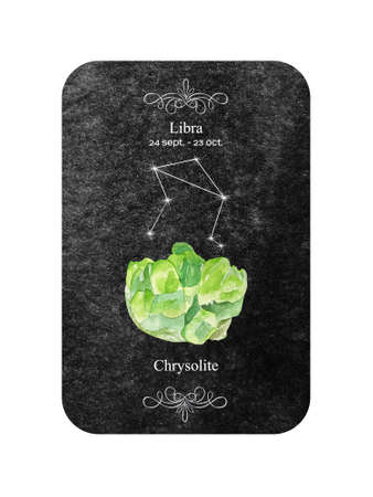Watercolor zodiac sign Libra with stone Citrine on dark black background.の写真素材