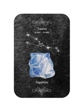 Watercolor zodiac sign Taurus with stone Sapphire on dark black background.の写真素材