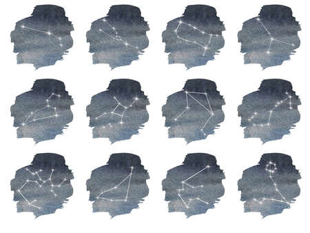 Zodiac icons on watercolor background. Freehand drawing.の写真素材