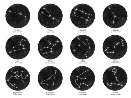 Zodiac icons on watercolor background. Freehand drawing.の写真素材