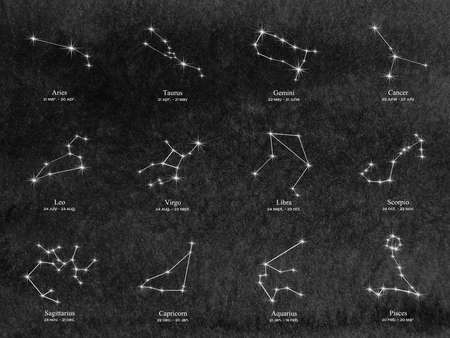 Zodiac icons on watercolor background. Freehand drawing.の写真素材