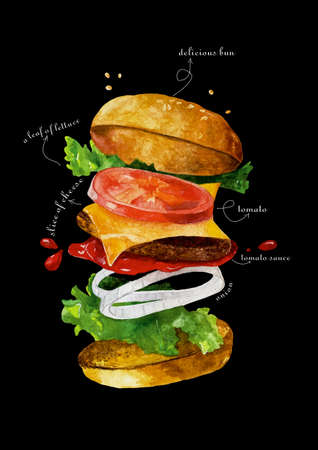 Watercolor hand painted deconstructed hamburger on black background. Watercolor cheeseburger with tomato, onion and leaves. Fast food illustration. Burger explosion with letteringの写真素材