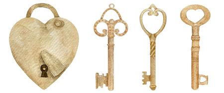 Retro keys and locks set. Antiques key for your design. Hand painted illustration isolated on white backgroundの写真素材