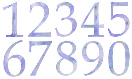 Set of hand painted watercolor numbers bright blue color isolated on white background.の写真素材