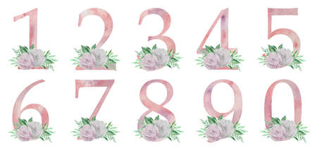 Watercolor numbers with flowers and leves. Romantic set for wedding invitations and cardsの写真素材