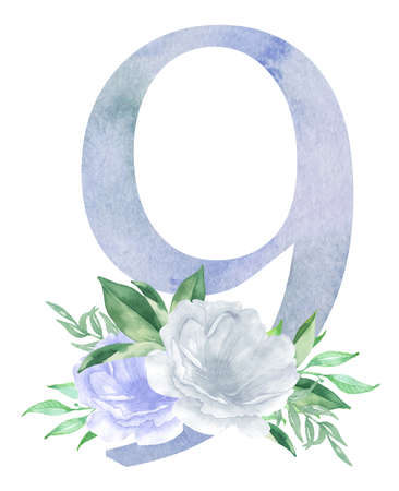 Floral Number - digit 9 with flowers bouquet composition. Unique collection for wedding invites decoration other concept ideas.の写真素材