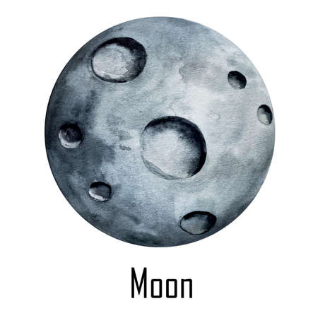 Big watercolor moon illustration. Symbol of new beginning, dreaming, romance, fantasy, magic. Black, grey colors, circle, full view. Hand drawn water colour painting, isolated on white background.の写真素材