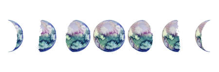the moon in all its phases , hand painted with watercolors on white backgroundの写真素材
