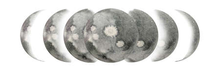 the moon in all its phases , hand painted with watercolors on white backgroundの写真素材