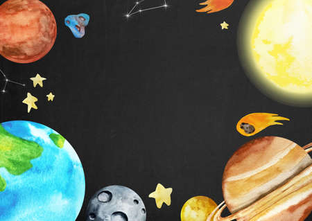 Cute childish solar system planets card, Solar system invitation on black background. Watercolor outer space cardの写真素材
