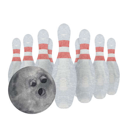 Bowling black ball and pins. Watercolor hand drawn illustration isolated on white backgroundの写真素材