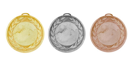 Watercolor set of three winner medals. Gold, silver and bronze sport medal. Round shapeの写真素材