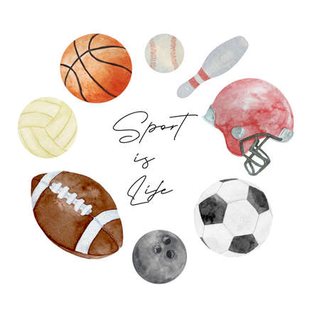 Watercolor Ball Sports Illustration, Ball Sports Clipartの写真素材