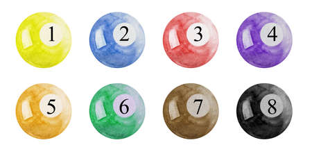 Watercolor set of colored Pool Balls. billiard balls numbers 1 to 8の写真素材