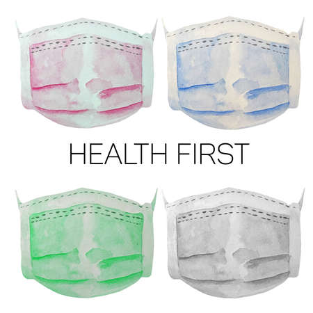 Watercolor protection face mask against virus, pollution, virus, flu. Personal hygiene product. Medical mask illustration isolated on white background. Health care and surgical concept.の写真素材